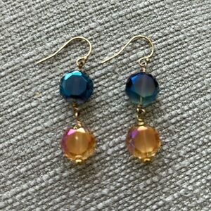 Dangly blue and gold coloured crystal earrings